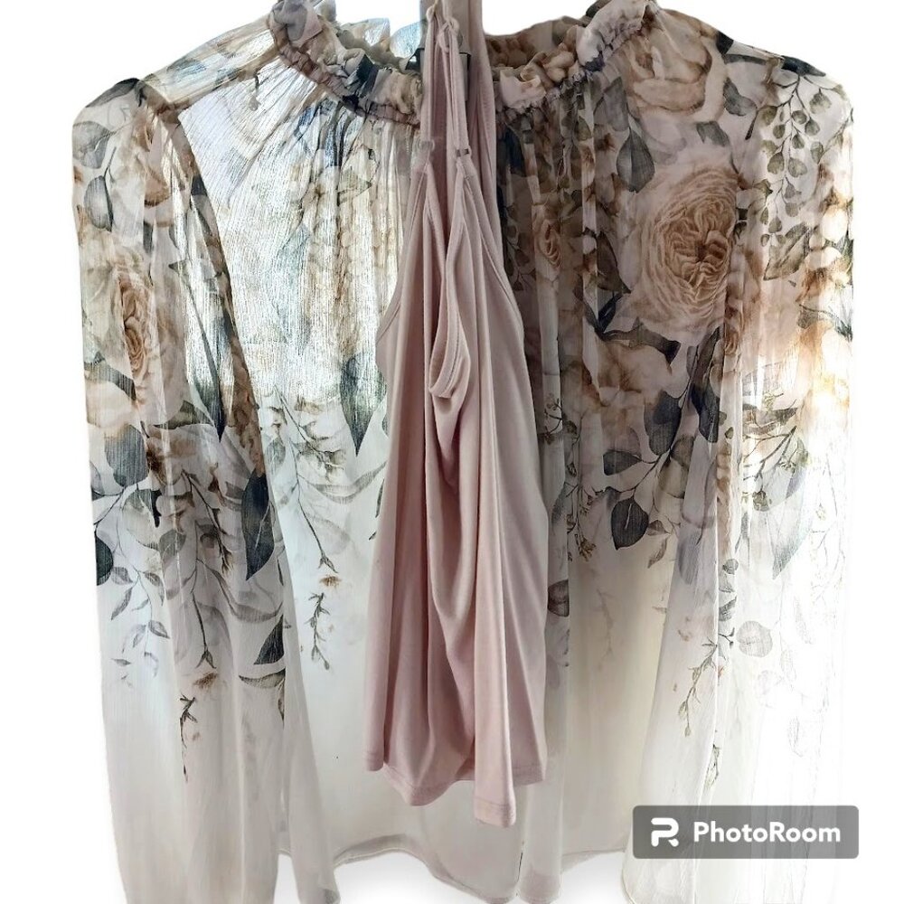 Light Green Womens Medium Rachel Zoe Floral Blouse w/ Cream Camisole Bundle